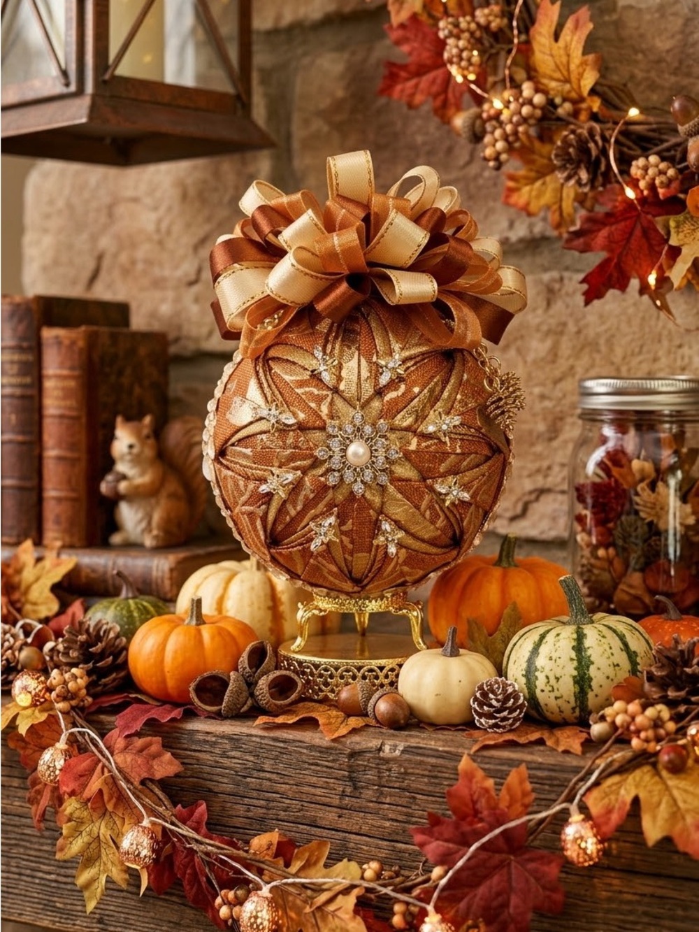 Elegant Autumn Decorative Ornament - Orange and Gold Fall Table Accent